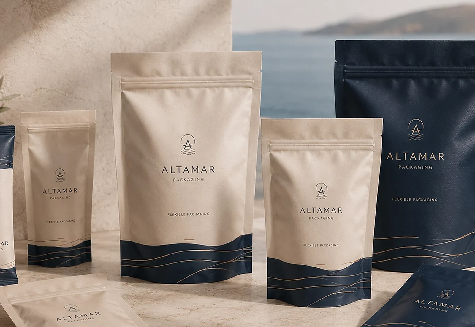 Altamar flexible pouch packaging in a Mediterranean-inspired setting